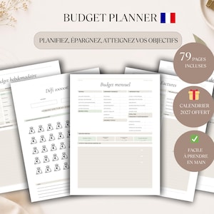 May include: A budget planner with the title "Budget Planner" in black text. The planner includes pages for tracking finances, with the text "Planifiez, &Eacute;pargnez, Atteignez Vos Objectifs". The planner includes 79 pages and a 2027 calendar.