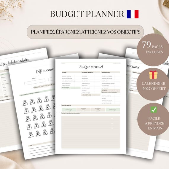 Budget Planner Français PDF Planificateur Budget Mensuel Imprimable Suivi Dépenses Épargne Factures Défi Épargne Finances 2026 2027