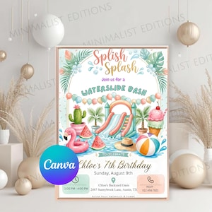 May include: A rectangular invitation card for a Waterslide Bash featuring watercolour illustrations of a waterslide, pink flamingo float, cactus, watermelon slices, ice cream, and a beach ball. Text includes Splish Splash, Chloe's 7th Birthday, and event details.