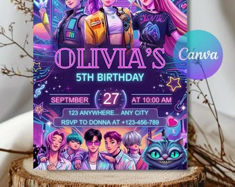 Invito di compleanno Kpop / Invito di compleanno Kpop Demon Hunters / Modello Canva modificabile / Invito anime Kpop / Biglietto d'invito stampabile