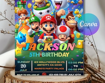Invito di compleanno a tema Mario Galaxy, invito per festa a tema spazio, biglietto per festa di compleanno a tema videogiochi per ragazzi, download immediato, modello Canva modificabile (5 x 7 pollici)