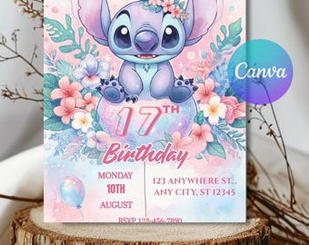Modello di invito di compleanno Stitch: invito alla festa modificabile Canva (5x7 pollici) (download digitale)