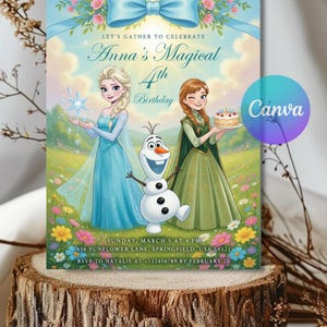 Pode incluir: Um convite de aniversário com Elsa e Anna de Frozen, com Olaf, o boneco de neve. O convite diz "Anna's Magical 4th Birthday" com detalhes do evento. Um laço azul e detalhes florais decoram a parte superior.