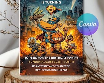 Invito di compleanno a tema Dog Man: invito per festa a tema fumetto modificabile (download digitale)