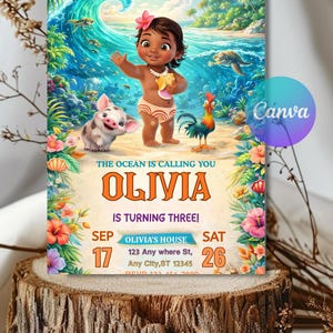 Pu&ograve; includere: Un invito colorato con un'illustrazione a cartoni animati di una bambina, immagini oceaniche e personaggi. Il testo recita "OLIVIA COMPIE TRE ANNI!" con la data 17 e 26 settembre. Il logo Canva &egrave; visibile.