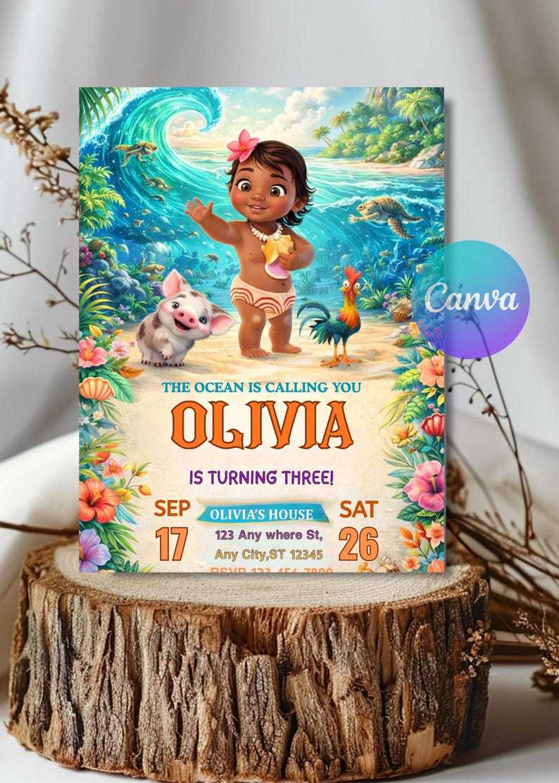 Pu&ograve; includere: Un invito colorato con un'illustrazione a cartoni animati di una bambina, immagini oceaniche e personaggi. Il testo recita "OLIVIA COMPIE TRE ANNI!" con la data 17 e 26 settembre. Il logo Canva &egrave; visibile.