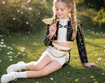 Girls Black Gold Sequin Dress, K-Pop Dance Costume, Anime Warrior Princess Outfit, Halloween Cosplay Costume, Birthday K-Pop Cosplay Dress
