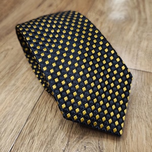 Vintage Hawes and Curtis Silk Tie: Black Gold Geometric Pattern, Handmade England 1980s