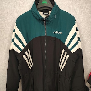 Vintage 80-tals Adidas Equipment Jacka: Blågrön, Svart, Vit Färgblock Vadderad Vindjacka Herr L