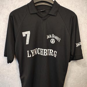 ヴィンテージ ジャックダニエル リンチバーグ ジャージー ポロシャツ ブラック サイズ XL、オールド No. 7 ブランド ダメージ加工 バイカー ロック T シャツ、メンズ レトロ スポーツ メッシュ ポロ