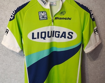 Maglia da ciclismo vintage Santini Liquigas Bianchi taglia XL, stile retrò verde lime, modello Pro Tour.