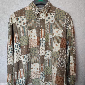 Vintage 1980s Patkco Mens S Patchwork Print Shirt Made in France Bohemian Button Up