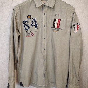 Camisa de algodón estilo militar Vintage Storm Copenhagen para hombre, talla L / Estilo urbano informal con parches.
