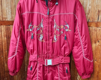 Vintage Italian Ski Snowsuit – Retro 90s Burgundy One-Piece Men's Size S Lampo Zippers
