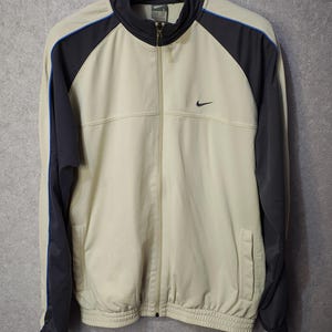 Vintage Nike Track Jacket Men's L Cream Grey Y2K Zip Up Sweatshirt Retro Sportswear