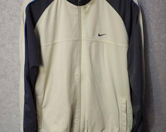 Vintage Nike Track Jacket Men's L Cream Grey Y2K Zip Up Sweatshirt Retro Sportswear
