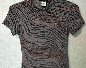 Vintage 90s Sparkly Tiger Stripe Mock Neck Top – Bronze Copper Metallic Y2K Blouse