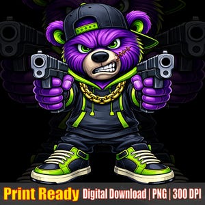 Aggressive Teddy PNG with Guns - Violet Hip Hop Bear Graphic for T-Shirts and Streetwear - Digital Download Design - Bad Boy Urban Vibe