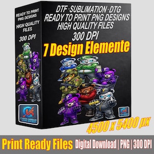 Könnte beinhalten: Ein digitales Download-Grafikdesign-Paket mit sieben Cartoon-Bärenfiguren in verschiedenen Outfits. Das Bild enthält den Text "Ready to Print PNG Designs" und "High Quality Files 300 DPI". Die Bildabmessungen betragen 4500 x 5400 px.