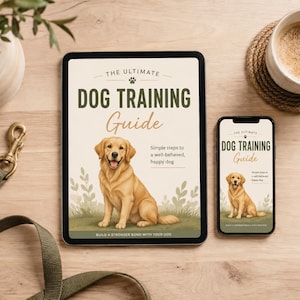 Könnte beinhalten: Ein Tablet und ein Smartphone zeigen The Ultimate Dog Training Guide mit einer Golden Retriever Illustration, begleitet von einer grünen Leine. Der Text lautet: The Ultimate Dog Training Guide, Simple steps to a well-behaved, happy dog.