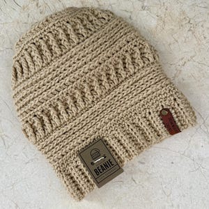 Handmade Crocheted Slouch Beanie: Unisex Textured Fall Hat Beige