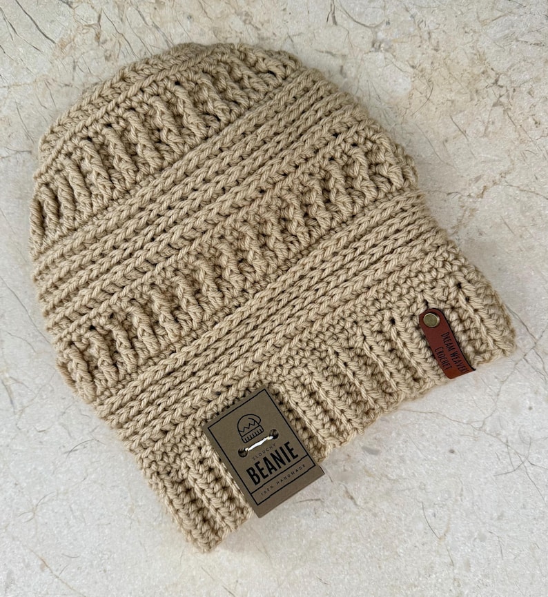 Handmade Crocheted Slouch Beanie: Unisex Textured Fall Hat Beige