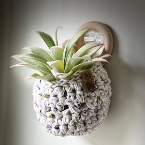 Handmade Hanging Plant Cozy: Crocheted Cotton Plant Pot with Wooden Ring