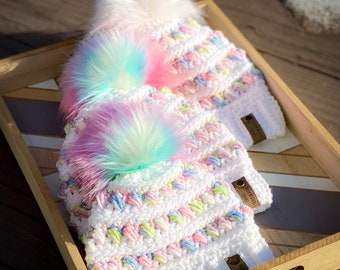 Crocheted Beanie: Rainbow Pastel Hat with Faux Fur Pom