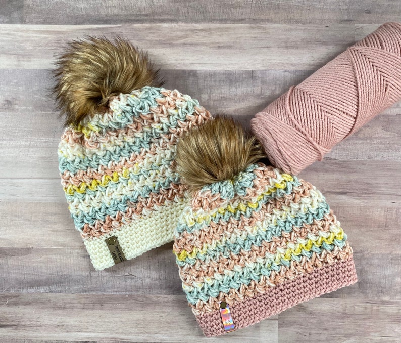 Mommy and Me Hats, Mom and Baby Hat, Mommy and Me Crocheted Hat, Hat with fur pom, baby hat, ladies fur pom hat, infant fur pom hat, beanie Blush Bouquet/Pink