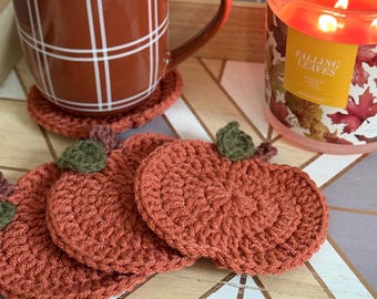 Crocheted Pumpkin Coasters, Fall Decor, Set of 4
