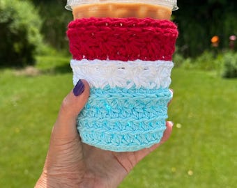 Crochet Iced Coffee Cozy: Cotton Cup Sleeve, Patriotic Cup Cozy, American iced cup cozy, Patriotic Cup Sleeve