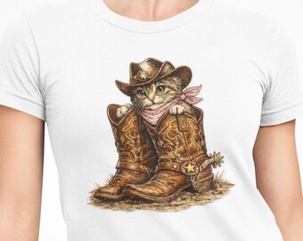 T-shirt de chat de cow-girl | Chaton botté - T-shirt western | Cadeau pour amoureux des chats