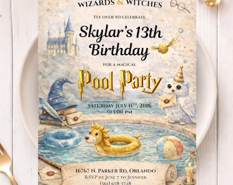 Invitation sorcier à la piscine, invitation d'anniversaire magique, version mobile incluse, modèle Canva (téléchargement numérique)