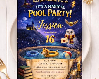 Invitation de fête StaryPool Wizard, invitation d'anniversaire magique, version mobile incluse, modèle Canva (téléchargement numérique)