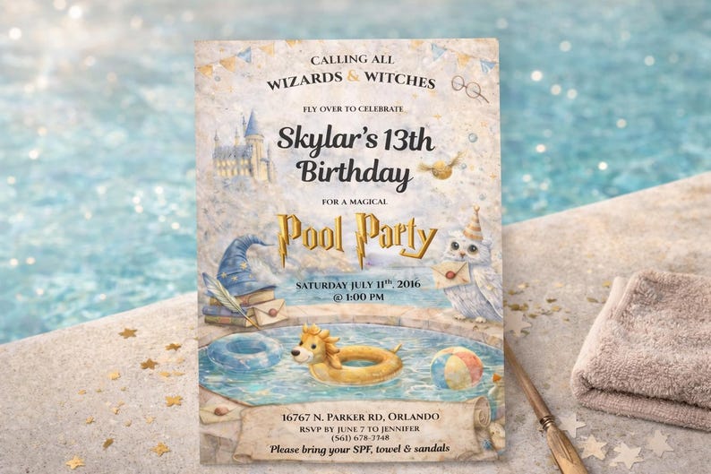 Invitation sorcier à la piscine, invitation d'anniversaire magique, version mobile incluse, modèle Canva (téléchargement numérique) image 3