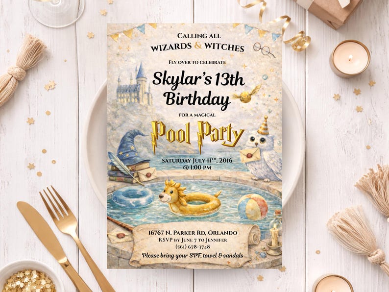 Peut inclure: Une invitation fantaisiste pour une f&ecirc;te &agrave; la piscine, avec une illustration &agrave; l'aquarelle et le texte "Calling All Wizards & Witches". L'invitation comprend le texte "Skylar's 13th Birthday" et les d&eacute;tails de l'&eacute;v&eacute;nement.