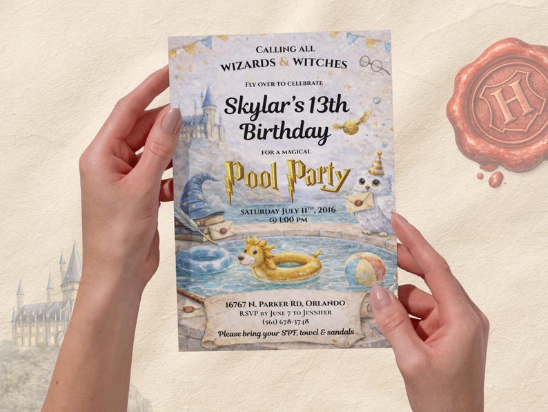 Invitation sorcier à la piscine, invitation d'anniversaire magique, version mobile incluse, modèle Canva (téléchargement numérique) image 4
