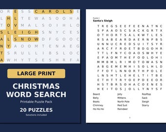 Christmas Word Search Printable, 20 Large Print Puzzles with Solutions, Instant Download PDF, Holiday Activity for Adults, Seniors and Kids