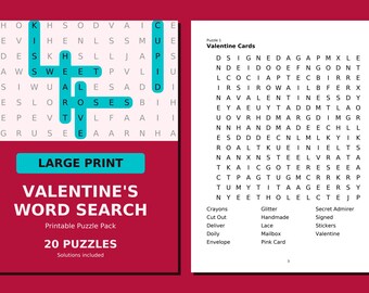 Valentine's Day Word Search Printable, 20 Large Print Puzzles with Solutions, Instant Download PDF, Activity for Adults, Seniors & Kids
