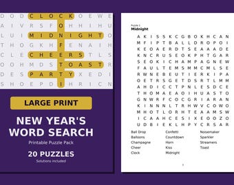 New Years Word Search Printable, 20 Large Print Puzzles with Solutions, Instant Download PDF, Party Activity for Adults and Seniors