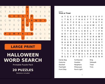 Halloween Word Search Printable, 20 Large Print Puzzles with Solutions, Instant Download PDF, Party Activity for Adults, Seniors and Kids