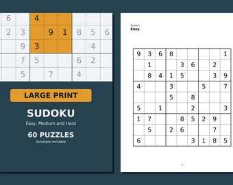 Large Print Sudoku, 60 Puzzles Easy, Medium and Hard with Solutions, Instant Download PDF, One Puzzle Per Page for Adults and Seniors
