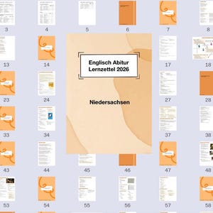 May include: A collection of documents and study guides, including a central cover titled "Englisch Abitur Lernzettel 2026 Niedersachsen." The documents are arranged on a light purple background, with orange covers and pages.