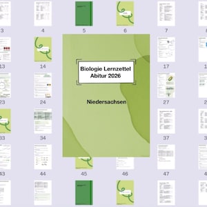 Peut inclure: Une collection de 50 pages, dont un document central intitulé "Biologie Lernzettel Abitur 2026 Niedersachsen". Les pages sont disposées sur un fond violet clair, avec des accents verts et une variété de diagrammes et de texte.