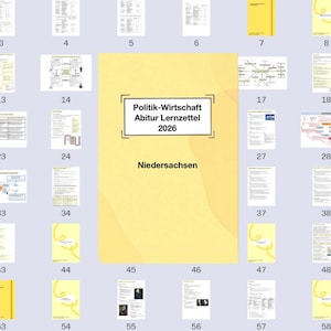 Puede incluir: Un conjunto de documentos, con una portada central amarilla que dice "Politik-Wirtschaft Abitur Lernzettel 2026 Niedersachsen". Las páginas circundantes son blancas con texto y diagramas, algunas con portadas amarillas.