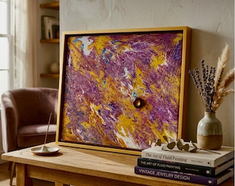 Acrylic Textured Painting with Vintage Button - "Amethyst and Gold Storm" part of the Abstract Heirloom Collection