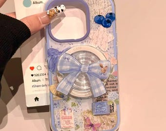 Delicate Floral Illustration Clear CasewithMatchingCheckered BowGrip/Stand, A CompleteMagSafe&SocialMedia Ready SetforiPhone15/16/17ProMax