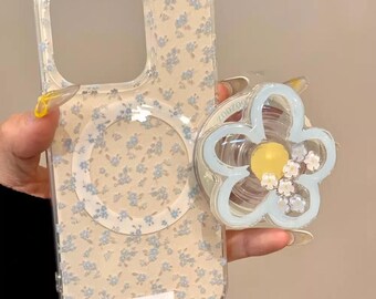 Elegant Floral Design Clear Case with a Functional Magnetic Flower Grip & Stand, MagSafe Compatible for iPhone 15/16/17 Pro Max