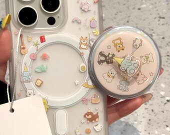 Densely Illustrated Animal Party Clear Case with Fully Integrated MagSafe Charging & a Coordinating Themed Grip/StandforiPhone15/16/17ProMax