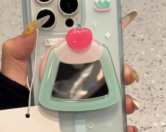 Light Blue MagSafe Case with Dessert & Star Art, Japanese Labels, Plus a Matching Cake Charm with Red Cherry for iPhone 15/16/17 Pro Max